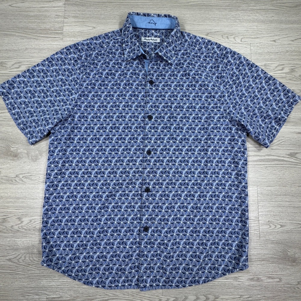Tommy Bahama Men's Button Down Shirt IslandZone Blue Geometric Silk Blend Large